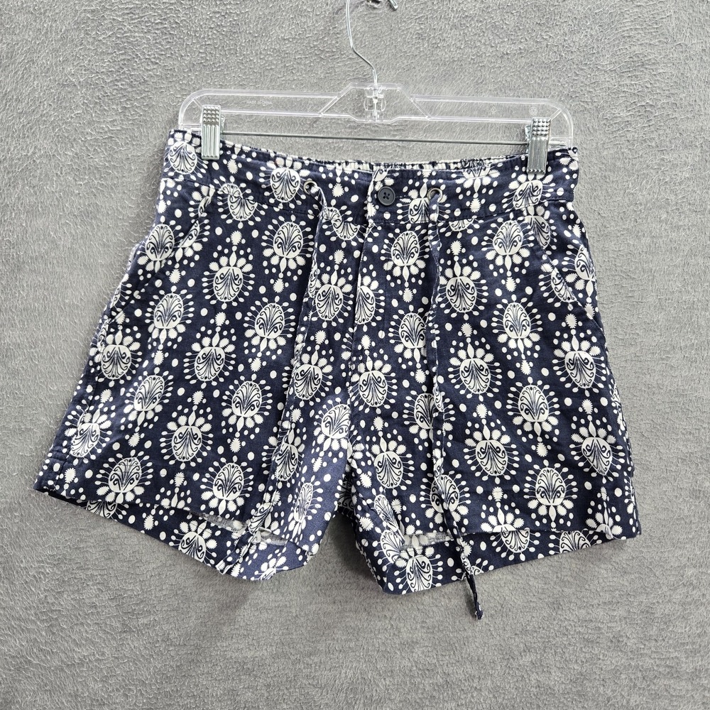 Sigrid Olsen Women Shorts S‎ Blue Chino Linen Geometric Drawstring 3.5" Inseam